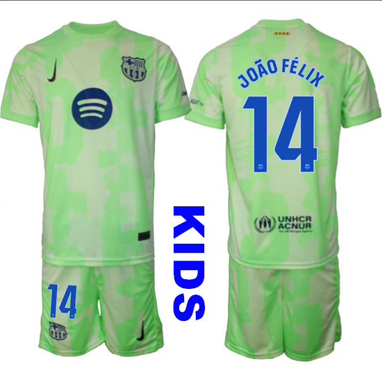 Youth FC Barcelona #14 JOAO FELIX 2024-25 Away 2nd Green Kids Soccer Suit Jersey