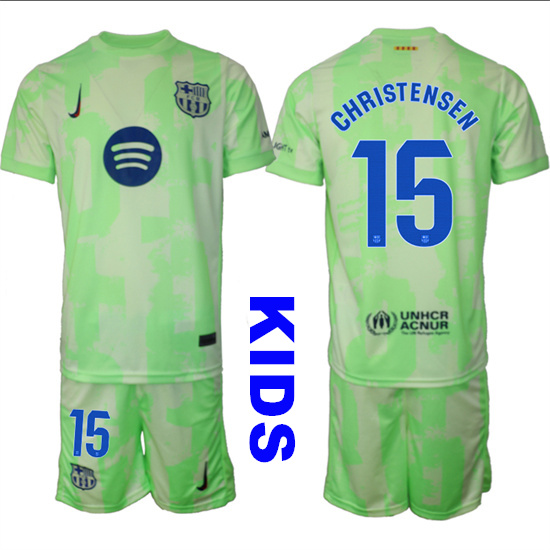 Youth FC Barcelona #15 CHRISTENSEN 2024-25 Away 2nd Green Kids Soccer Suit Jersey