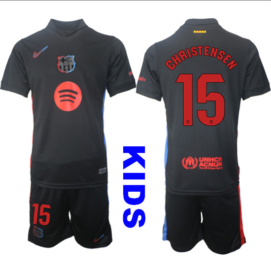 Youth FC Barcelona #15 CHRISTENSEN 2024-25 Away Black Kids Soccer Suit Jersey