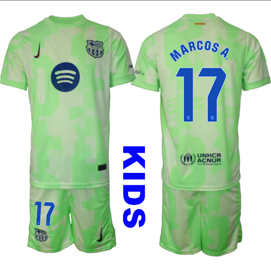 Youth FC Barcelona #17 Marcos Alonso 2024-25 Away 2nd Green Kids Soccer Suit Jersey