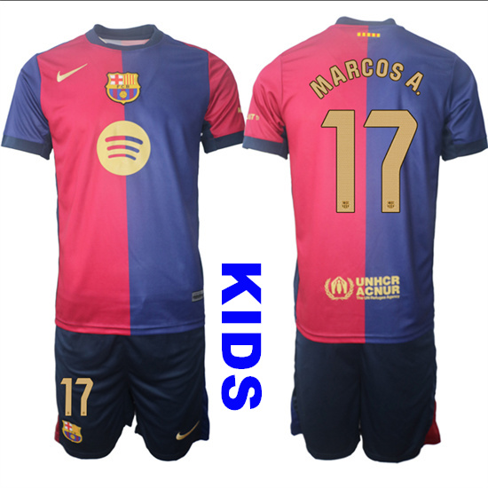 Youth FC Barcelona #17 Marcos Alonso 2024-25 Home Kids Soccer Suit Jersey