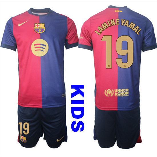 Youth FC Barcelona #19 LAMINE YAMAL 2024-25 Home Kids Soccer Suit Jersey