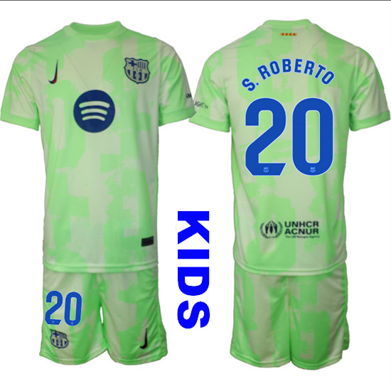 Youth FC Barcelona #20 S.ROBERTO 2024-25 Away 2nd Green Kids Soccer Suit Jersey