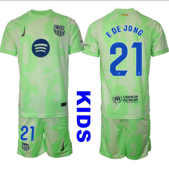 Youth FC Barcelona #21 F.DE JONG 2024-25 Away 2nd Green Kids Soccer Suit Jersey