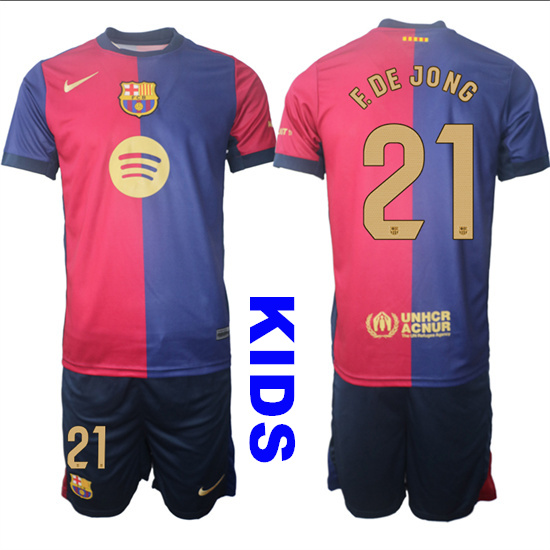 Youth FC Barcelona #21 F.DE JONG 2024-25 Home Kids Soccer Suit Jersey