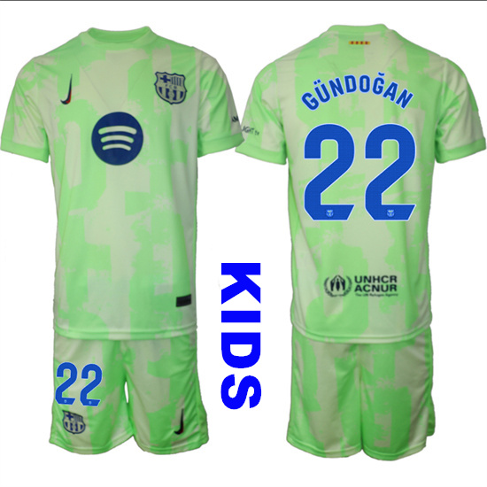 Youth FC Barcelona #22 GUNDOGAN 2024-25 Away 2nd Green Kids Soccer Suit Jersey