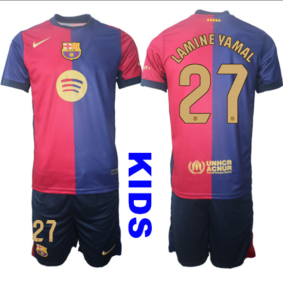 Youth FC Barcelona #27 LAMINE YAMAL 2024-25 Home Kids Soccer Suit Jersey