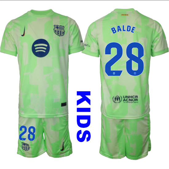 Youth FC Barcelona #28 BALDE 2024-25 Away 2nd Green Kids Soccer Suit Jersey