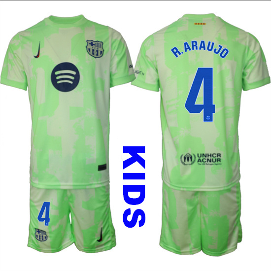 Youth FC Barcelona #4 R.ARAUJO 2024-25 Away 2nd Green Kids Soccer Suit Jersey