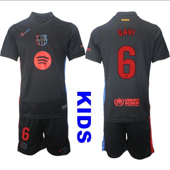 Youth FC Barcelona #6 GAVI 2024-25 Away Black Kids Soccer Suit Jersey