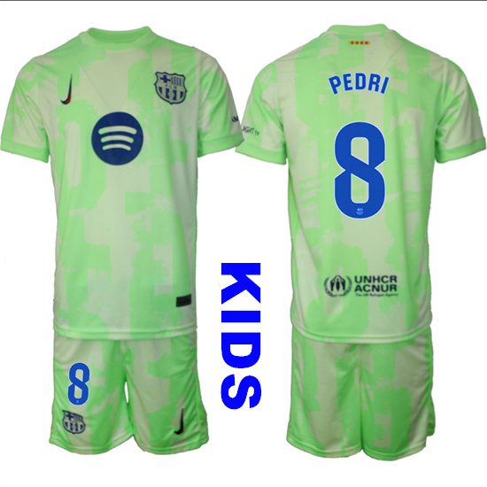 Youth FC Barcelona #8 PEDRI 2024-25 Away 2nd Green Kids Soccer Suit Jersey