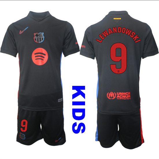 Youth FC Barcelona #9 LEWANDOWSKI 2024-25 Away Black Kids Soccer Suit Jersey