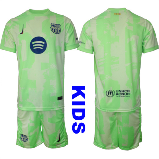 Youth FC Barcelona Blank Or Custom 2024-25 Away 2nd Green Kids Soccer Suit Jersey