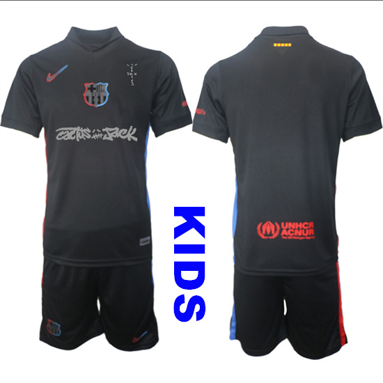 Youth FC Barcelona x Travis Scott Blank Or Custom 2024-25 Away Black Kids Soccer Suit Jersey