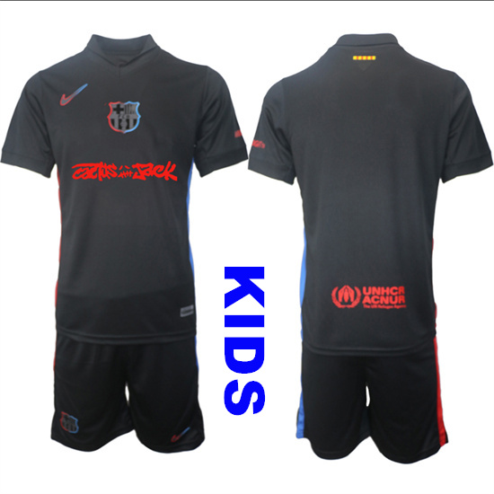 Youth FC Barcelona x Travis Scott Blank Or Custom 2024-25 Away Black Red Kids Soccer Suit Jersey