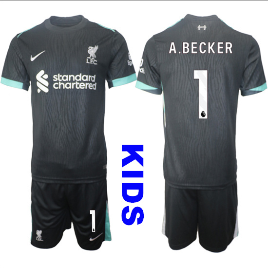 Youth Liverpool #1 A.BECKER 2024-25 Black Away Kids Soccer Suit Jersey
