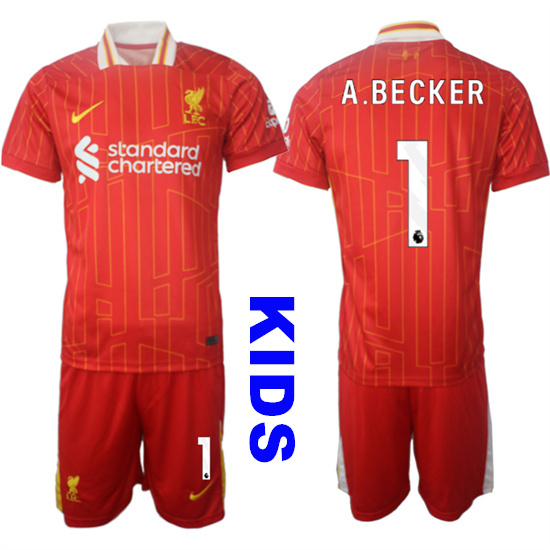 Youth Liverpool #1 A.BECKER 2024-25 Red Home Kids Soccer Suit Jersey