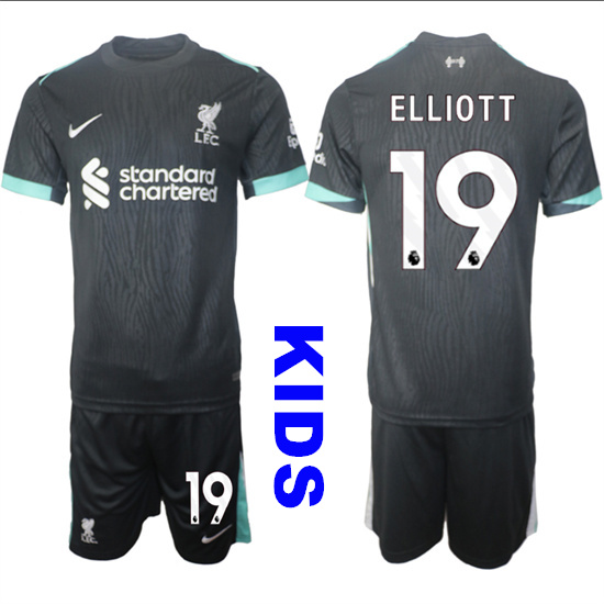 Youth Liverpool #19 ELLIOTT 2024-25 Black Away Kids Soccer Suit Jersey