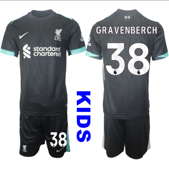 Youth Liverpool #38 GRAVENBERCH 2024-25 Black Away Kids Soccer Suit Jersey