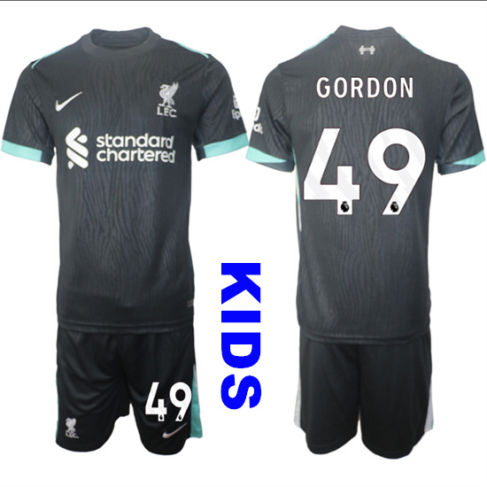 Youth Liverpool #49 GORDON 2024-25 Black Away Kids Soccer Suit Jersey