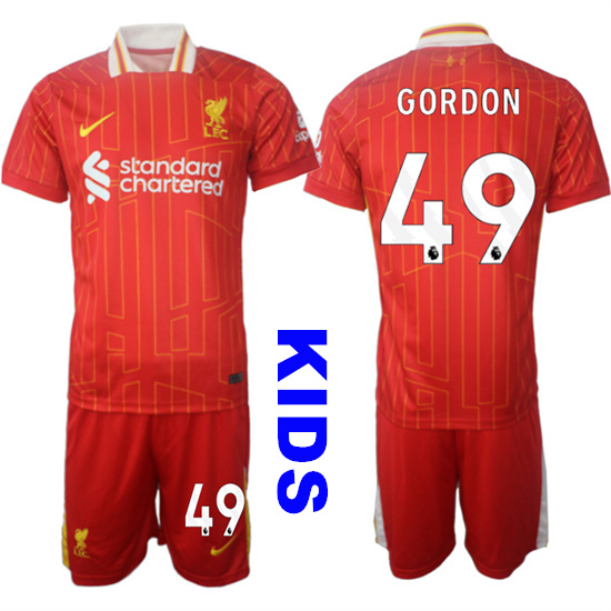 Youth Liverpool #49 GORDON 2024-25 Red Home Kids Soccer Suit Jersey