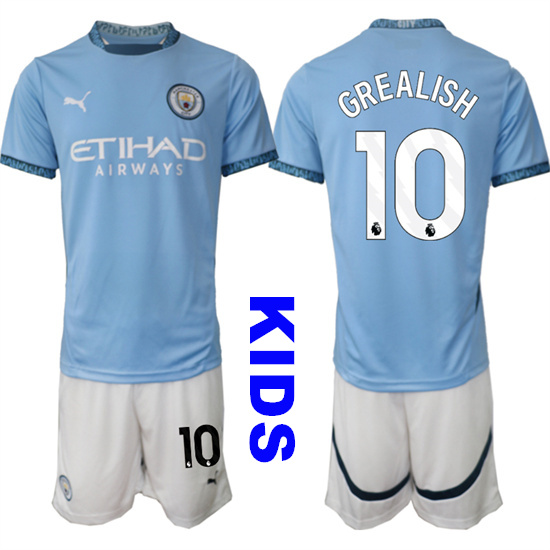 Youth Manchester City #10 GREALISH 2024-25 Home Kids Soccer Suit Jersey