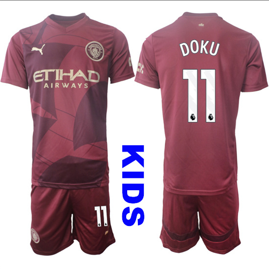 Youth Manchester City #11 DOKU 2024-25 Wine red Away Kids Soccer Suit Jersey