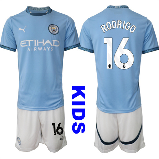 Youth Manchester City #16 RODRIGO 2024-25 Home Kids Soccer Suit Jersey
