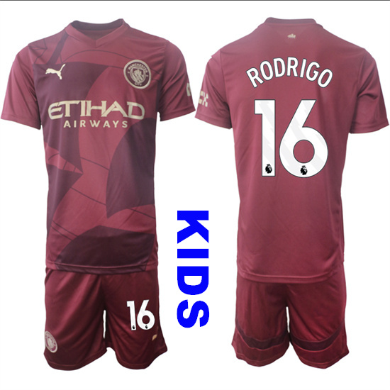 Youth Manchester City #16 RODRIGO 2024-25 Wine red Away Kids Soccer Suit Jersey
