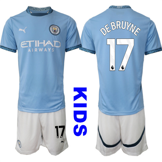 Youth Manchester City #17 DE BRUYNE 2024-25 Home Kids Soccer Suit Jersey