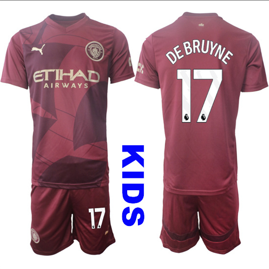 Youth Manchester City #17 DE BRUYNE 2024-25 Wine red Away Kids Soccer Suit Jersey