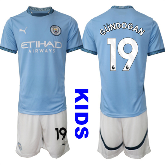 Youth Manchester City #19 GUNDOGAN 2024-25 Home Kids Soccer Suit Jersey
