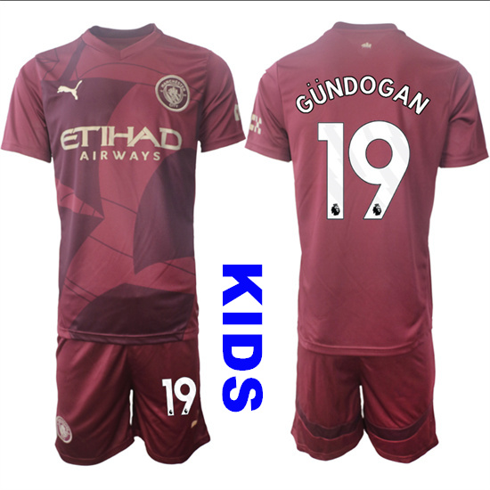 Youth Manchester City #19 GUNDOGAN 2024-25 Wine red Away Kids Soccer Suit Jersey