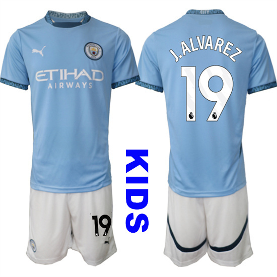 Youth Manchester City #19 J.ALVAREZ 2024-25 Home Kids Soccer Suit Jersey