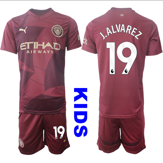 Youth Manchester City #19 J.ALVAREZ 2024-25 Wine red Away Kids Soccer Suit Jersey