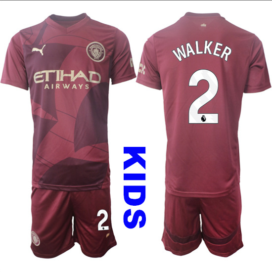 Youth Manchester City #2 WALKER 2024-25 Wine red Away Kids Soccer Suit Jersey