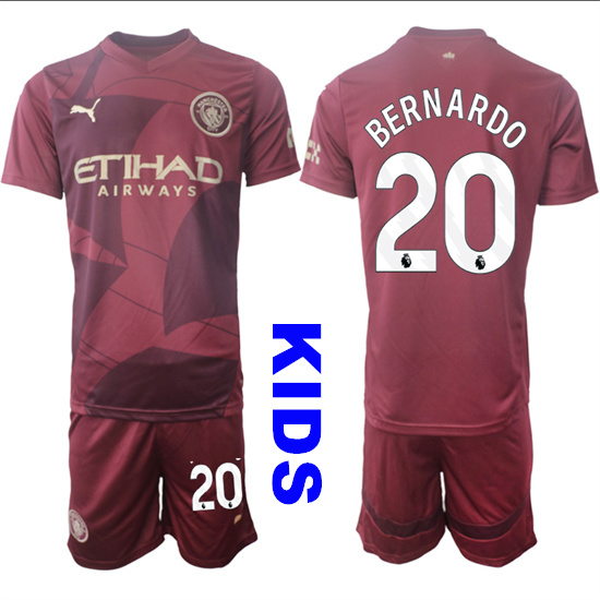 Youth Manchester City #20 BERNARDO 2024-25 Wine red Away Kids Soccer Suit Jersey