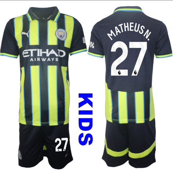 Youth Manchester City #27 MATHEUS N. 2024-25 Away 2nd Kids Soccer Suit Jersey