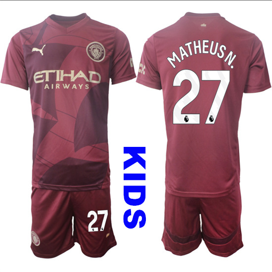 Youth Manchester City #27 MATHEUS N. 2024-25 Wine red Away Kids Soccer Suit Jersey