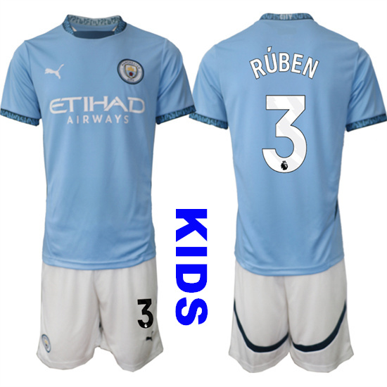 Youth Manchester City #3 RUBEN 2024-25 Home Kids Soccer Suit Jersey