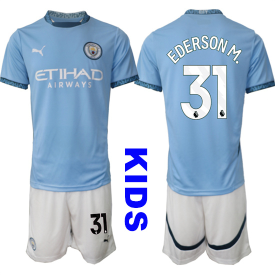 Youth Manchester City #31 EDERSON M. 2024-25 Home Kids Soccer Suit Jersey