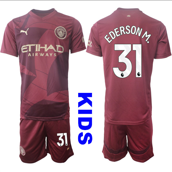 Youth Manchester City #31 EDERSON M. 2024-25 Wine red Away Kids Soccer Suit Jersey