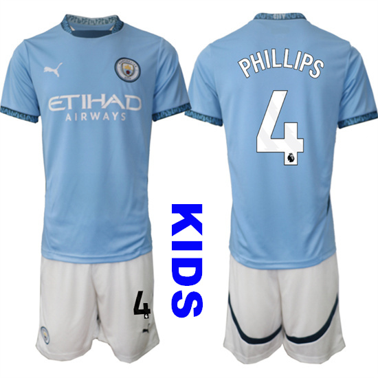 Youth Manchester City #4 PHILLIPS 2024-25 Home Kids Soccer Suit Jersey