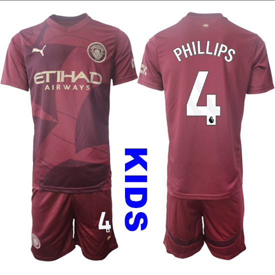 Youth Manchester City #4 PHILLIPS 2024-25 Wine red Away Kids Soccer Suit Jersey