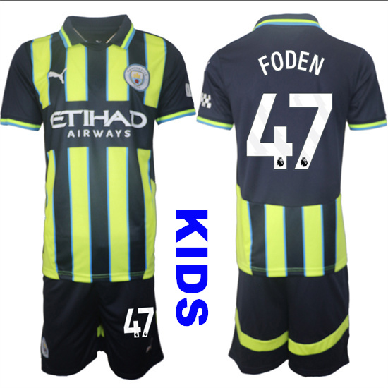 Youth Manchester City #47 FODEN 2024-25 Away 2nd Kids Soccer Suit Jersey
