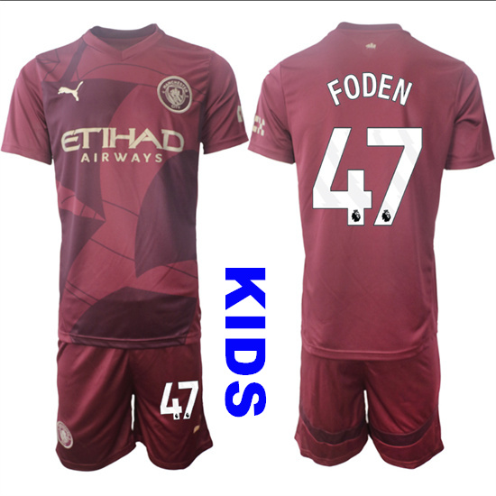 Youth Manchester City #47 FODEN 2024-25 Wine red Away Kids Soccer Suit Jersey