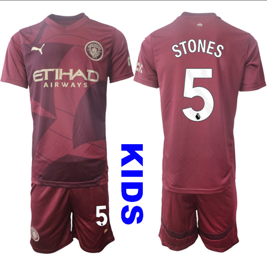 Youth Manchester City #5 STONES 2024-25 Wine red Away Kids Soccer Suit Jersey