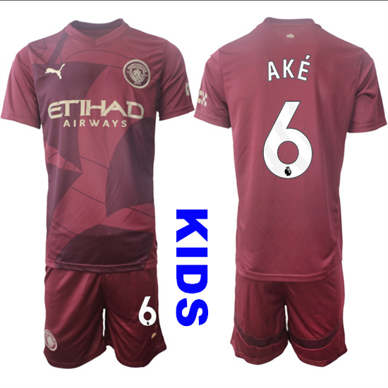Youth Manchester City #6 AKE 2024-25 Wine red Away Kids Soccer Suit Jersey