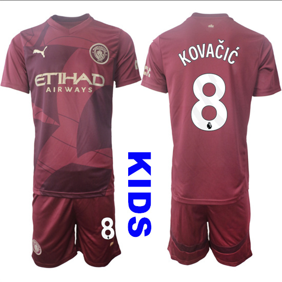 Youth Manchester City #8 KOVACIC 2024-25 Wine red Away Kids Soccer Suit Jersey