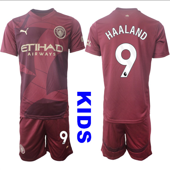 Youth Manchester City #9 HAALAND 2024-25 Wine red Away Kids Soccer Suit Jersey